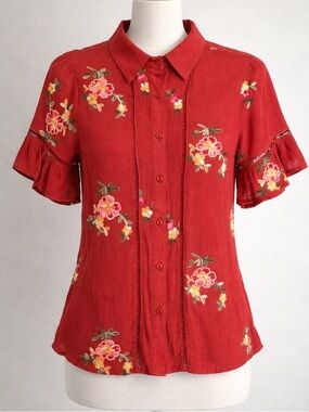 Forgotten Grace Red Floral Embroidered Button-Up Top